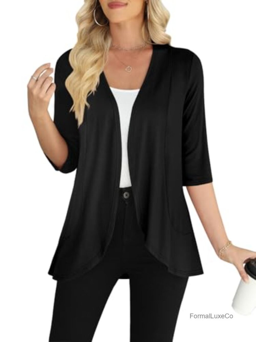 Womens Lightweight Rayon Blend Open Front Cardigan 3/4 Sleeve Ruffled